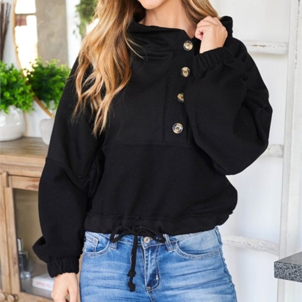Button Detailed Pullover Hoodie Top - Picture 2 of 8